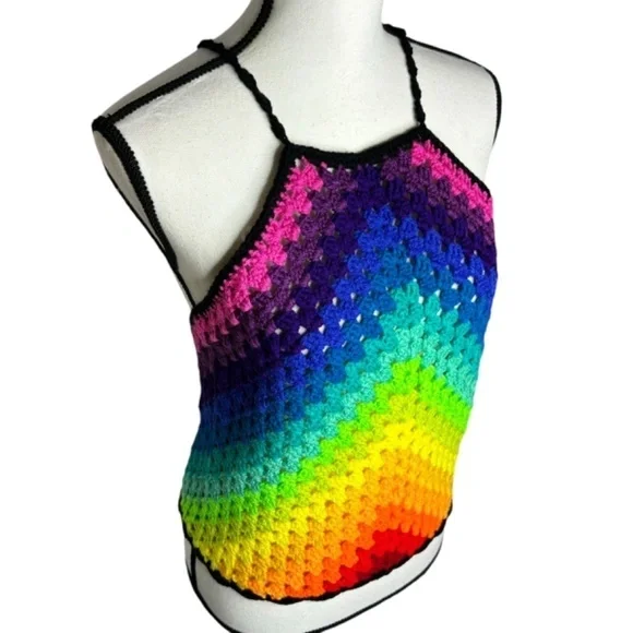 Handcrafted Crochet Halter Top Rainbow Granny Acrylic Yarn Art Handmade Knit - Picture 4 of 16